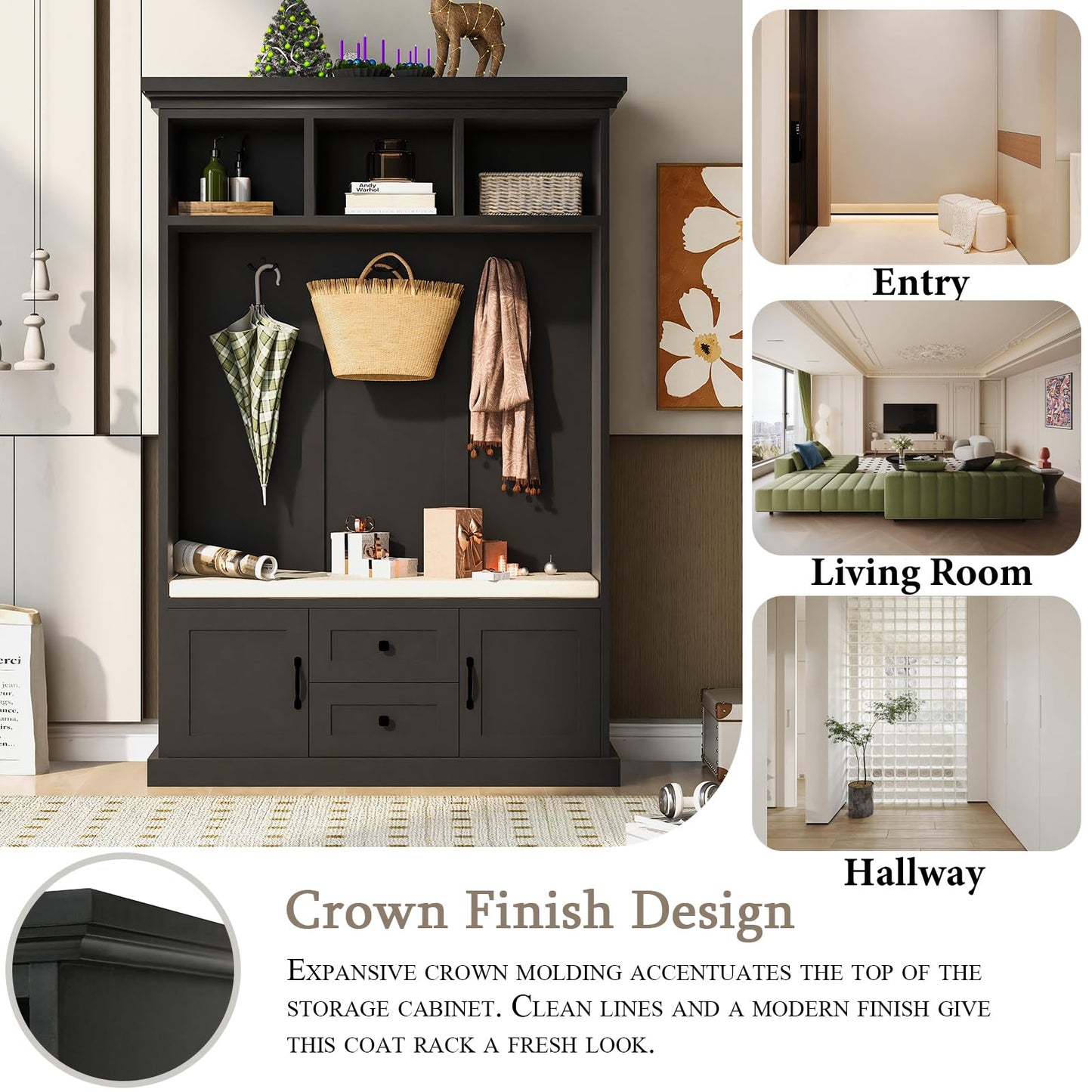 YHAOWORKS Farmhouse Hall Tree with Bench - Entryway Bench with Coat Rack and Storage, Wood Coat Tree Cabinet with Shoe Storage & Stool & Hooks & Door & Drawer for Hallway, Living Room, Mudroom, Black