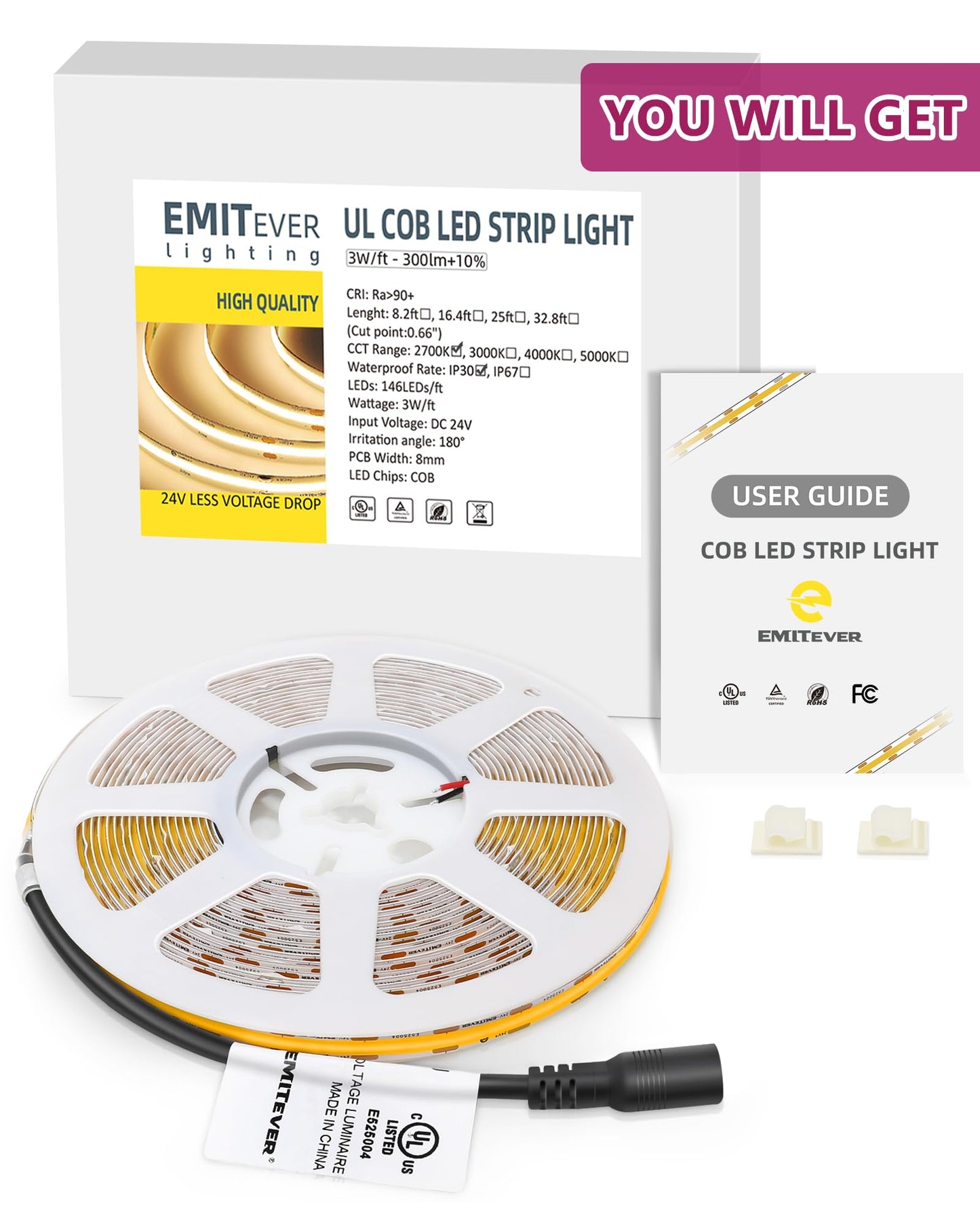 EMITEVER COB LED Strip Lights Warm White, 24V 2700K Tape Light Premium High Density 25ft, 300+Lumens/ft, 3600LEDs/Spool, Ra 90+, 3W/ft, UL Listed 5 Year Warranty (Power Supply Sold Separately)