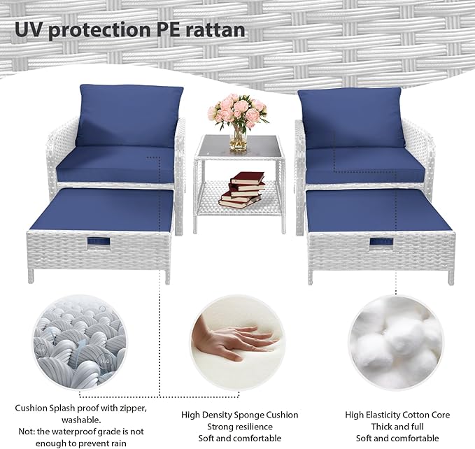 LEVELEVE Balcony Furniture 5 Piece Patio Conversation Set, PE Wicker Rattan Outdoor Lounge Chairs with Soft Cushions 2 Ottoman&Glass Table for Porch