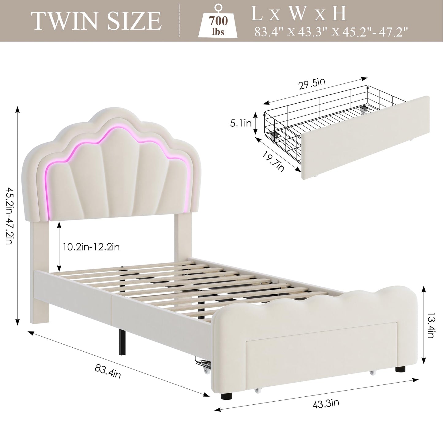 HOSTACK Twin Upholstered LED Bed Frame with Storage Drawer, Cute Girls Bed with Adjustable Lotus Headboard, Velvet Princess Platform Bed Frame, Wooden Slats Support, No Box Spring Needed, Cream