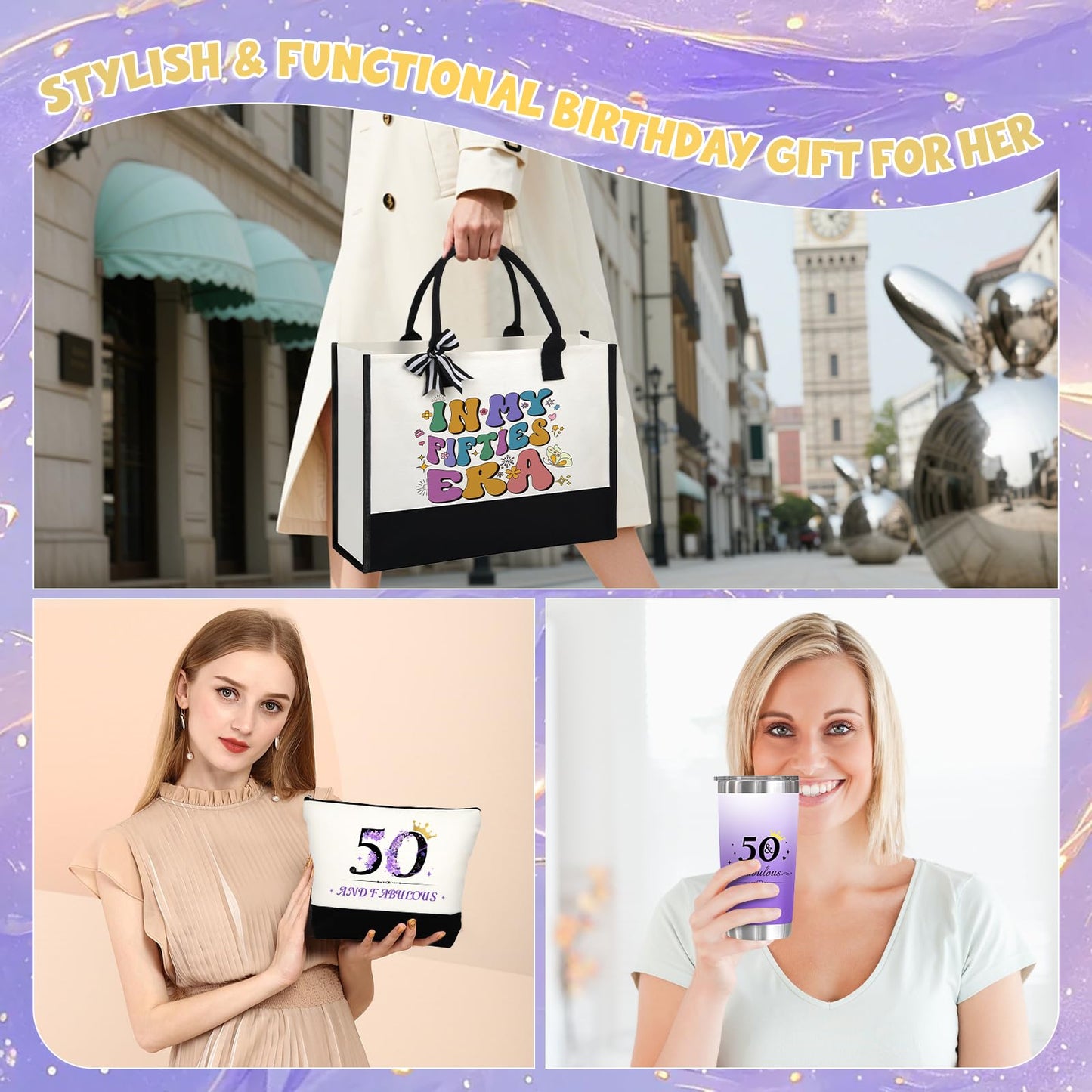 50th Birthday Gifts for Women Her, Funny Birthday Gifts for 50 Year Old Woman, Unique 50 Fabulous 1975 Tote Bag Set, Happy 50th BirthdayGift Basket for Her Mom Sister Friend Wife