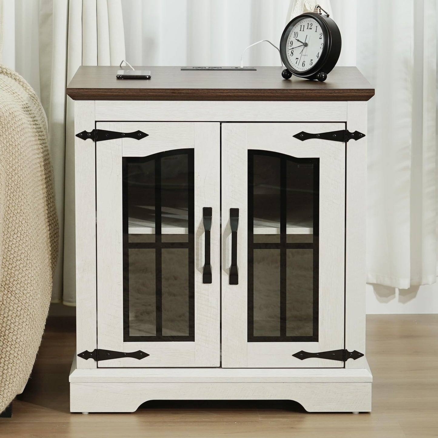 TRONLEE End Table with Charging Station, 23.6" Large Farmhouse Square Nightstand with Glass Barn Door, Sofa Side Table with Adjustable Storage Shelf for Living Room, Bedroom (White Walnut)