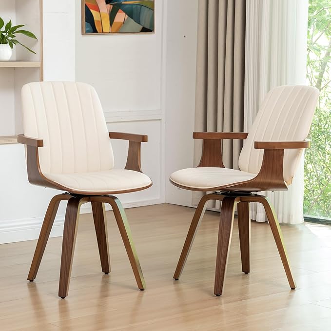 WUPOTO Set of 1 Swivel Dining Chair, Mid Century Modern Dining Chair with Walnut Craftsmanship, Upholstered Faux Leather, Wooden Arms and Legs, Kitchen Chair with Arms for Kitchen/Living Room - Beige