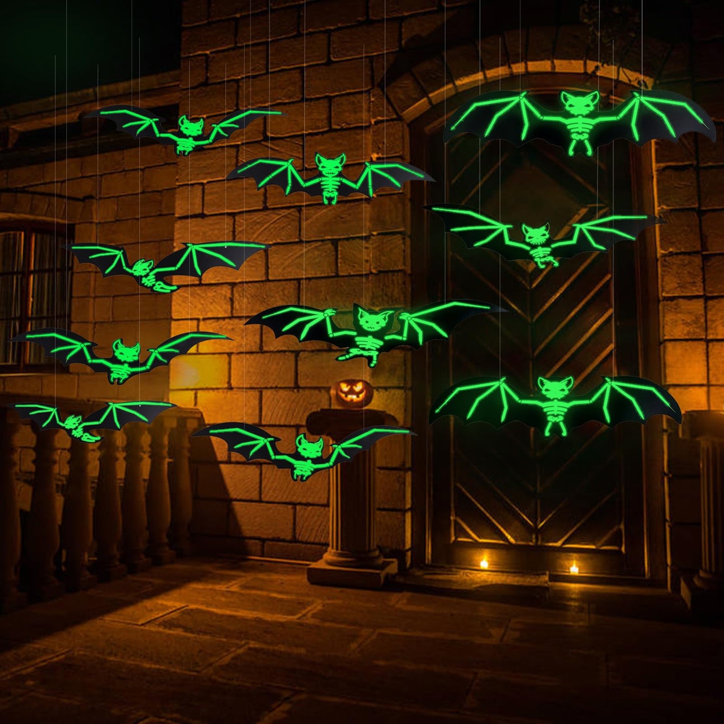 DIYASY 12 Pcs Hanging Bats Halloween Decor, Large Glow Bats Wall Decorations for Outside 3D Plastic Flying Bat Light up Bat House Decorative Decals for Home Outdoor Window