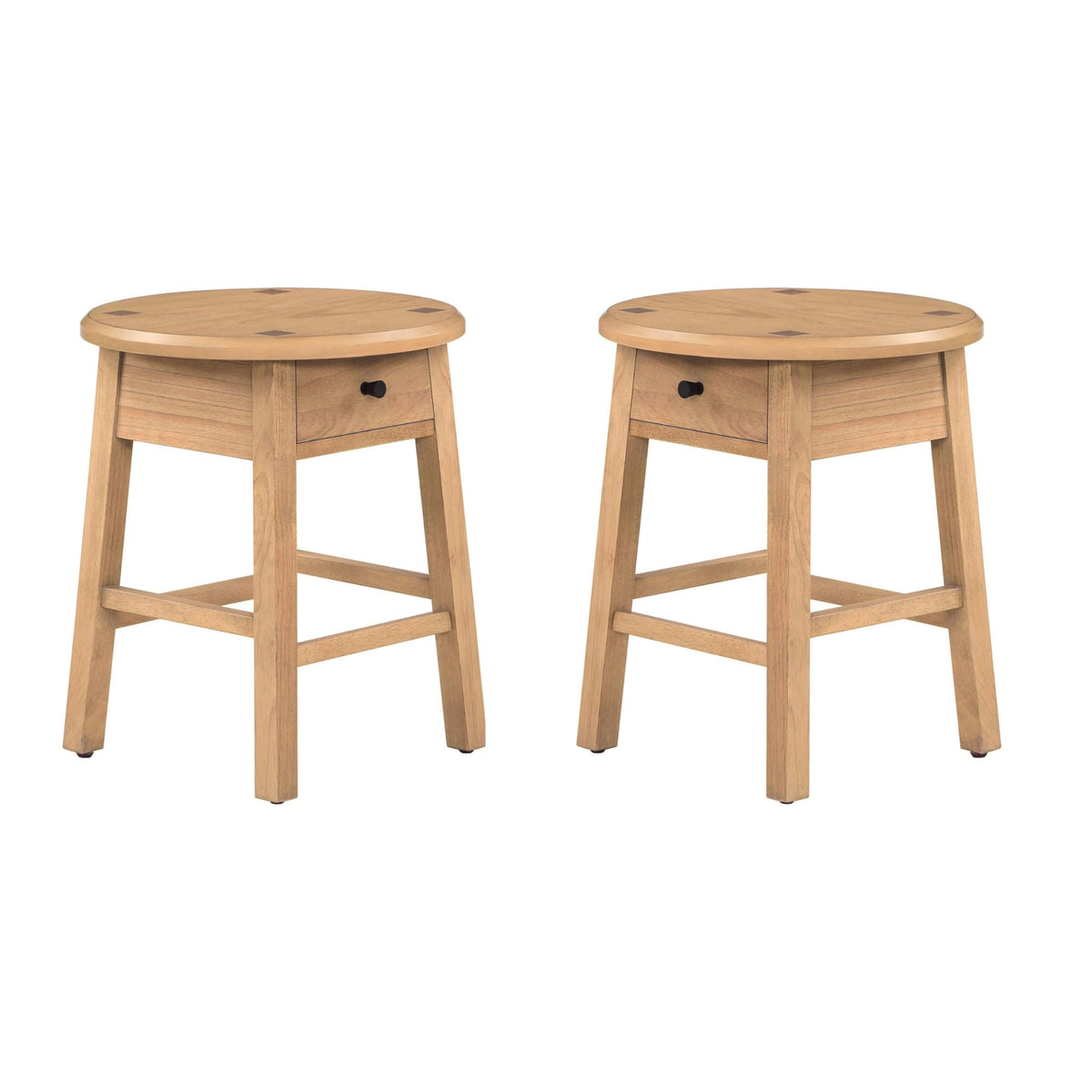 Set of 2 Solid Rubberwood Round Side Tables with Drawer, Natural Oak Painted Finish Sofa End Tables & Nightstands for Living Room, Bedroom