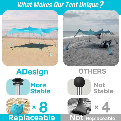 ADesign Windproof Beach Tent Sun Shelter with 8 Sandbags, Large Family Sun Shade with Sand Shovel, UPF50+, 6.3 FT Tall, Outdoor Easy Setup Beach Canopy for Vacation, Camping, Picnics
