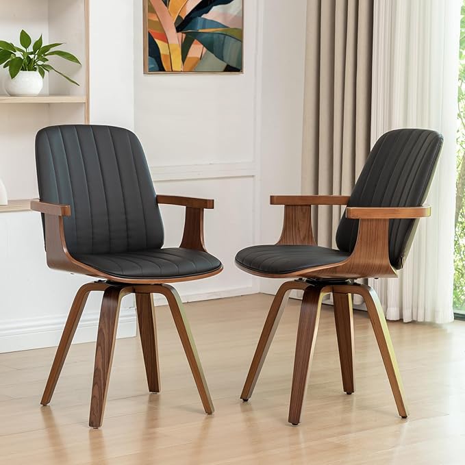 WUPOTO Swivel Dining Chairs, Set of 4 Kitchen Swivel Chairs with Walnut Craftsmanship, Upholstered Faux Leather, Wooden Arms and Legs, Walnut Dining Chairs for Kitchen/Living Room - Black