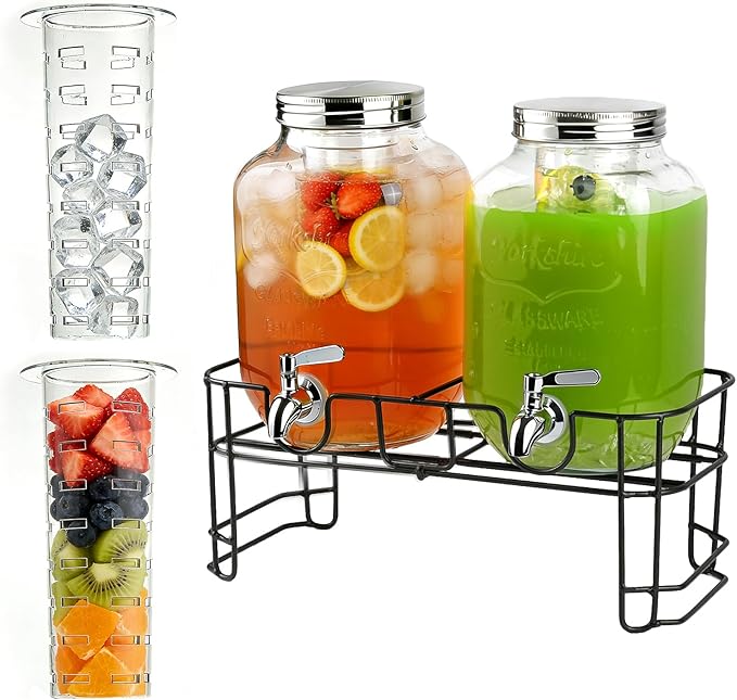 GVUHR 1 Gallon Drink Dispenser 2 Pack with Stand - Glass Beverage Dispenser for Parties, Juice, Water - Includes Spigot an...