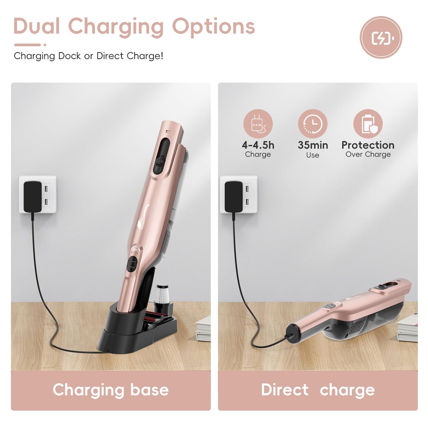 AYONTIN Rechargeable Handheld Vacuum, Lightweight Hand Vacuum Cordless, Powerful Suction, One-Touch Empty, LED Lights, Large Dust Cup for Home, Office, Car, Pet, Rose Gold