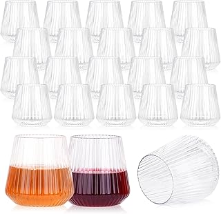 24 Pack Plastic Ribbed Wine Glasses, 14oz Stemless Disposable Wine Cups, Cute Clear Unbreakable Outdoor Cocktail Glasses, ...
