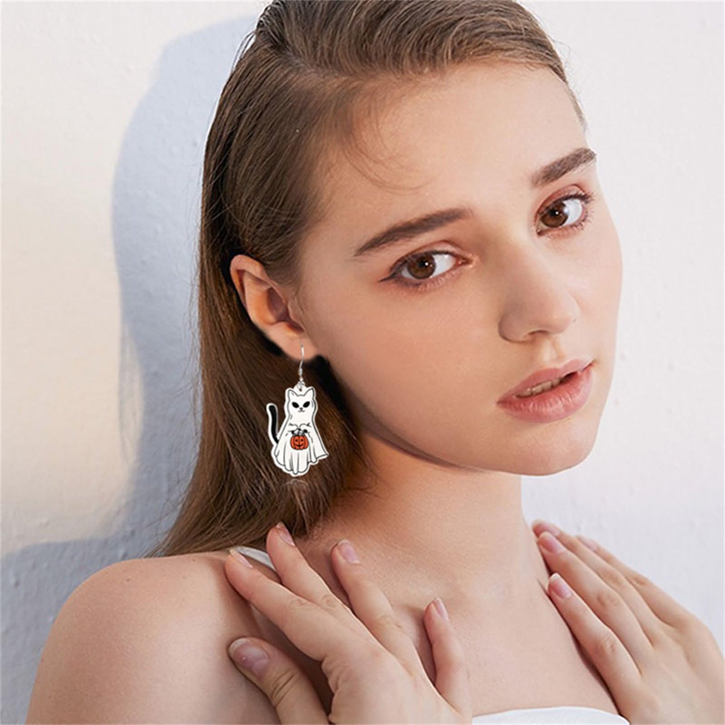 ONLYJUMP Halloween Cute Ghost Pumpkin Earrings - Zinc Drop Dangle Earrings - White Acrylic Rhinestone - Lightweight - French Wire Backing
