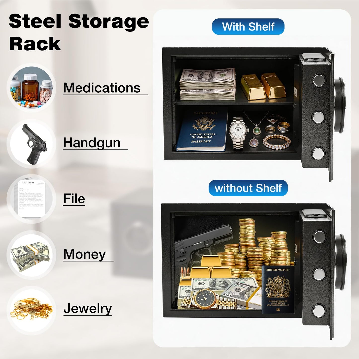 XDeer 0.8 Cu.Ft Smart Biometric Gun Safe with Fireproof Bag, Home Security Safe Box,Quick-Access Fingerprint Safe,Small Safes for Home Money Medicines Jewelry Valuables 1PCS