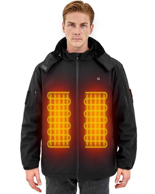 Svanur Heated Jackets for Men with 7.4V Battery Pack Included,Men’s Heated Jacket,Soft Shell Electric Heating Coat,Detachable Hood,3 Heating Levels for Winter outdoor (Large, Black)