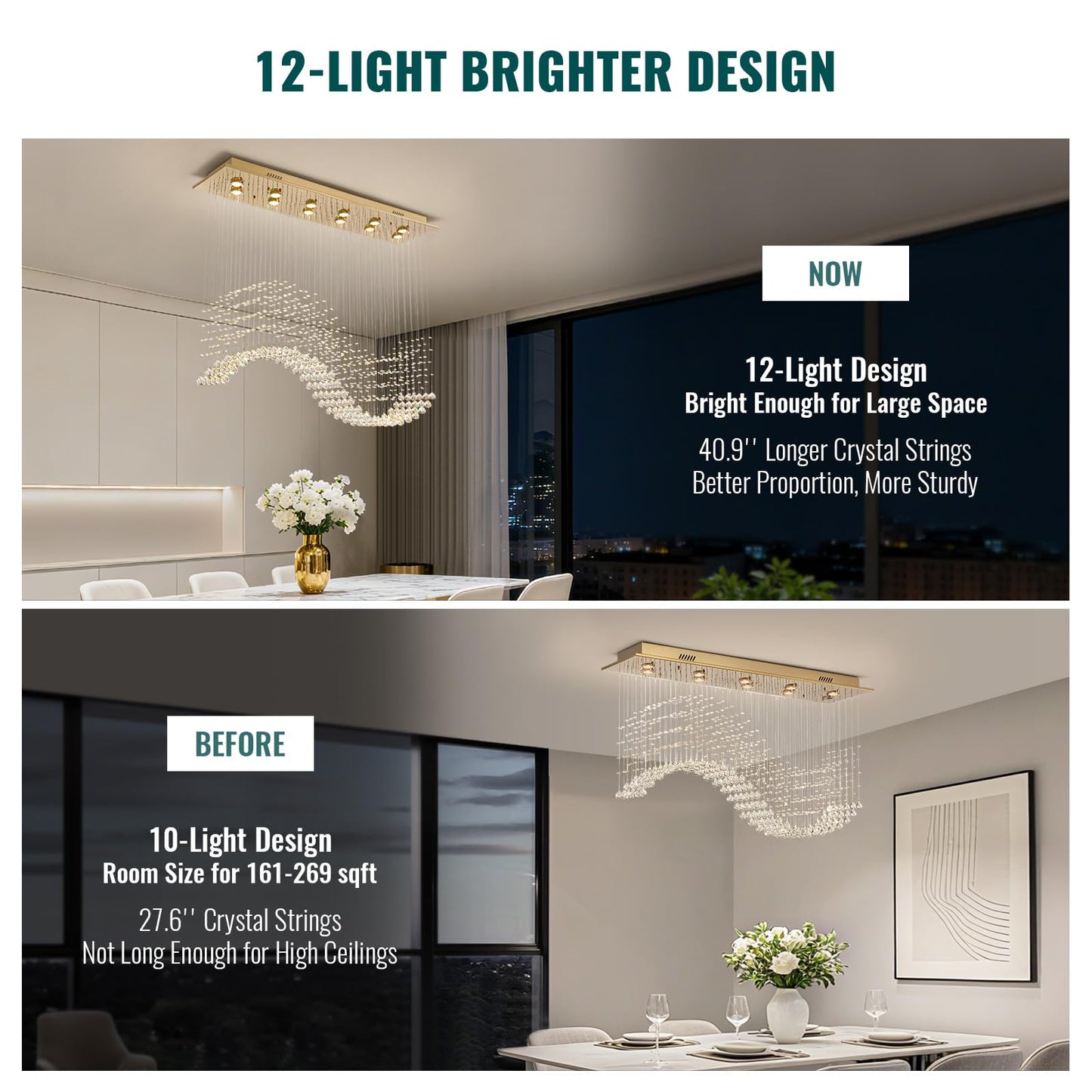 Siljoy 12-Lights Modern Crystal Chandeliers, Luxury Wave Raindrop Crystal Pedant Light Fixture, Rectangular Flush Mount Ceiling Light for Dining Room Living Room Kitchen Island 47 Inch
