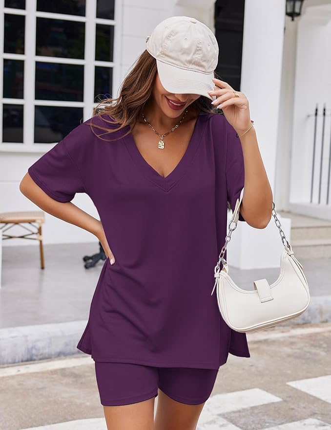 Ekouaer Womens Pajamas 2 Piece Lounge Sets Oversized V Neck T-Shirts Tops Biker Shorts Set Workout Reversible Tracksuit S-XXL