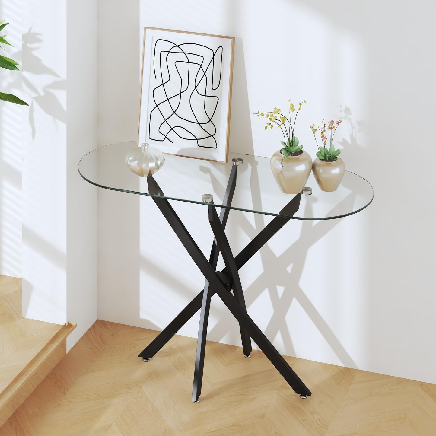 GOLDFAN Oval Console Table Modern Narrow Sofa Table with Tempered Glass Top and Black Metal Legs for Home Office
