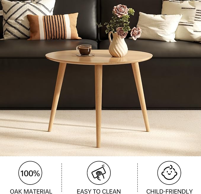 Vadisun Small Oval Coffee Table, 25.6" Mid Century Modern End Table for Living Room, 100% Solid Oak Wood Center Table, Side Table (Original Wood Color, 25.59''Wx17.51''Dx19.68''H)