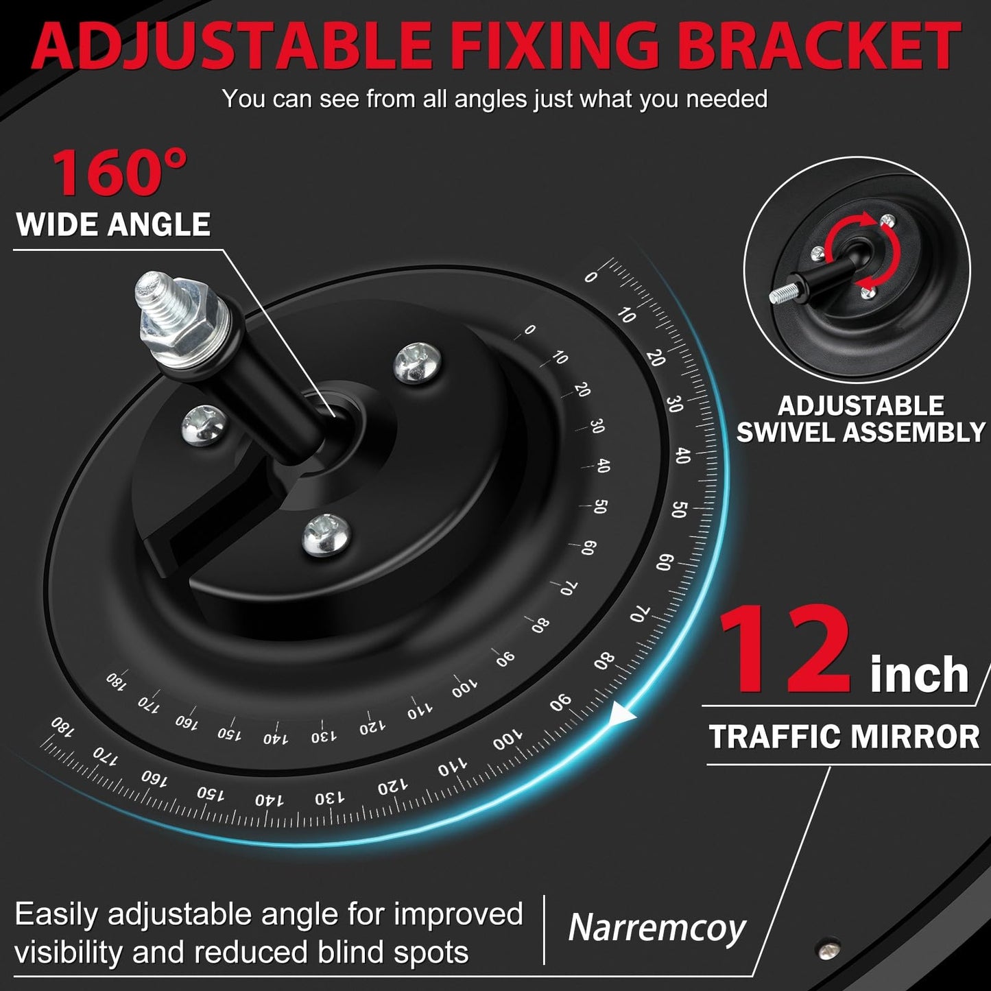 Narremcoy 12 inch Acrylic Convex Mirror, Adjustable Wide Angle View Indoor Security Mirror, Corner Security Blind Spot for Warehouse, Office, Parking Garage and Traffic Safety