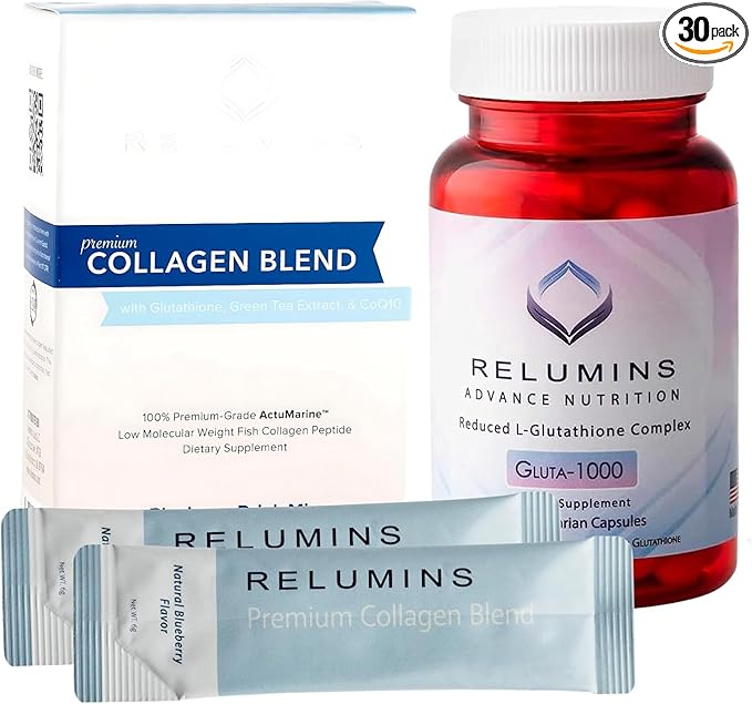 Relumins Premium Collagen & Gluta-1000 Bundle – 10 Blueberry Marine Collagen Sachets + 30 Vegetarian Capsules for Holidays...