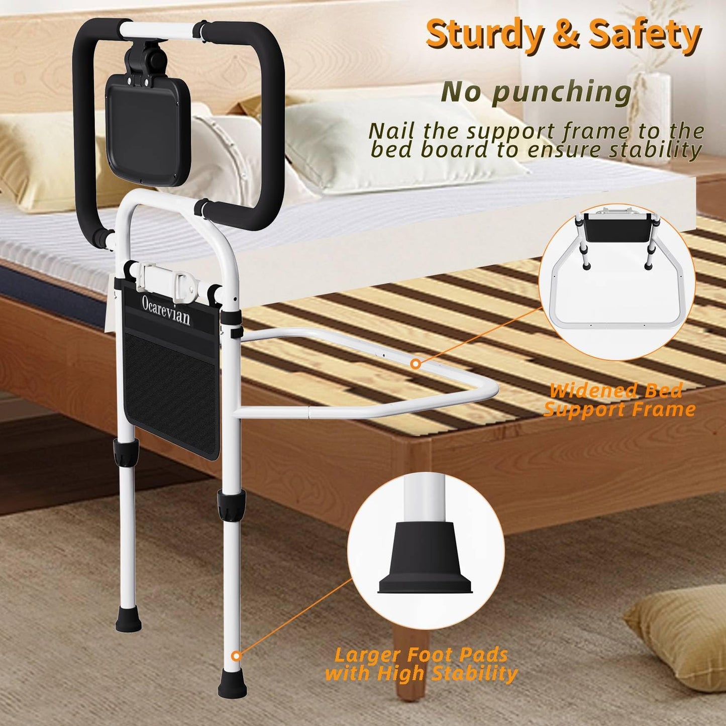 Ocarevian Bed Rails for Elderly Adults Safety, Adjustable Bed Cane for Seniors, Extendable Assist Handle with Side Table, LED Light & Carry Bag, Fits Queen, King, Twin Mattresses (Black + White)