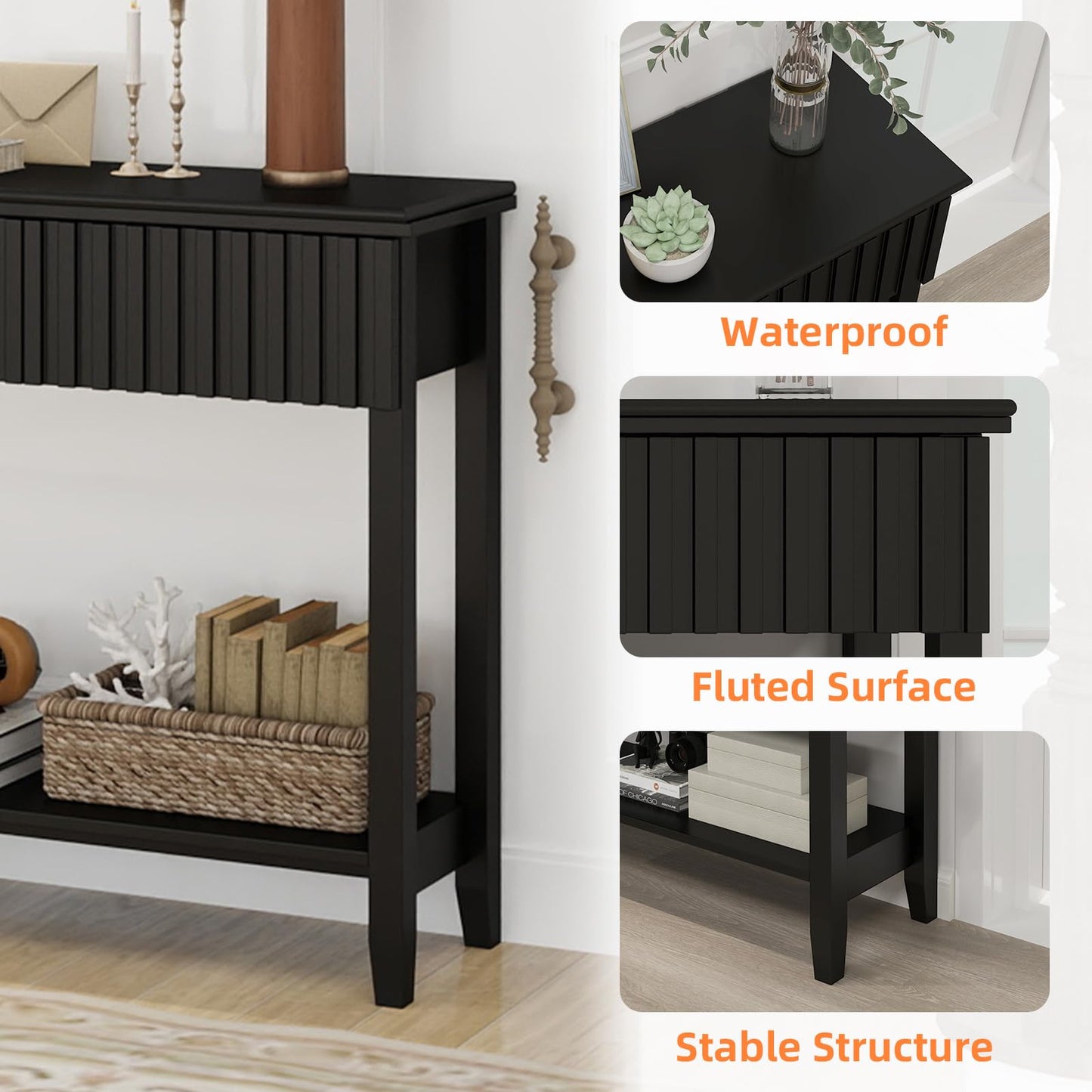 LAZZO Painted Wood Console Table Narrow Long Sofa Table Modern Behind Couch Table Fluted Entryway Table with 3 Drawers and Open Storage Shelf for Living Room, Foyer and Hallway Black (Black, 1 Tier)