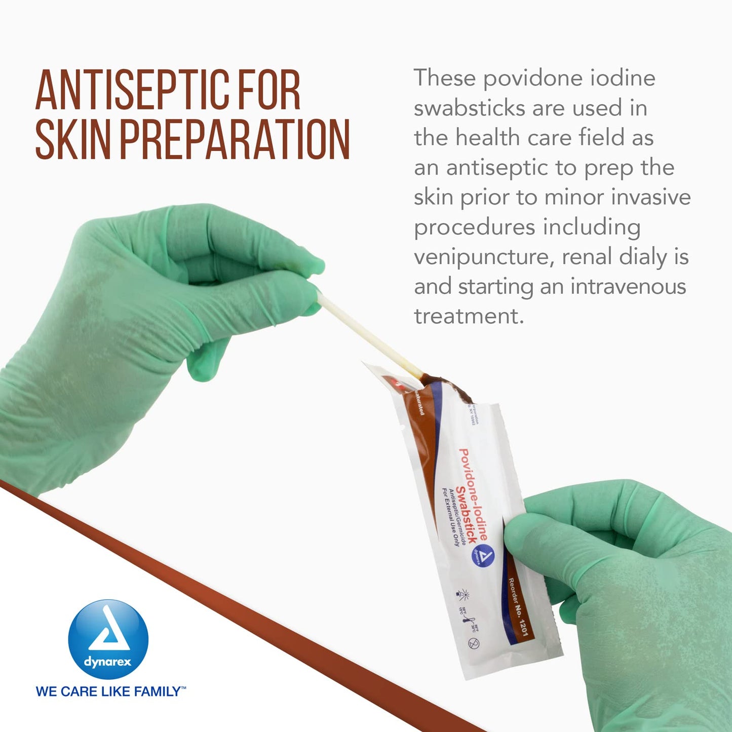Dynarex Povidone Iodine Swabsticks, Swabstick Packaged in Individual Foil Pack, Antiseptic for Skin Preparation, Brown, 1 Box of 50 Dynarex Povidone Iodine Swabsticks