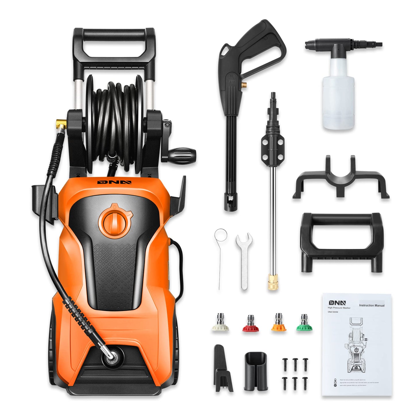 DNA Motoring TOOLS-00230 Up to 2176 PSI Pressure 2.4 GPM Max Flow Electric Pressure Washer for Yard and Car Cleaning with Spray Nozzle Foam Bottle + 4 Turbo Nozzles IPX5 Driveway Patio Deck(Orange)
