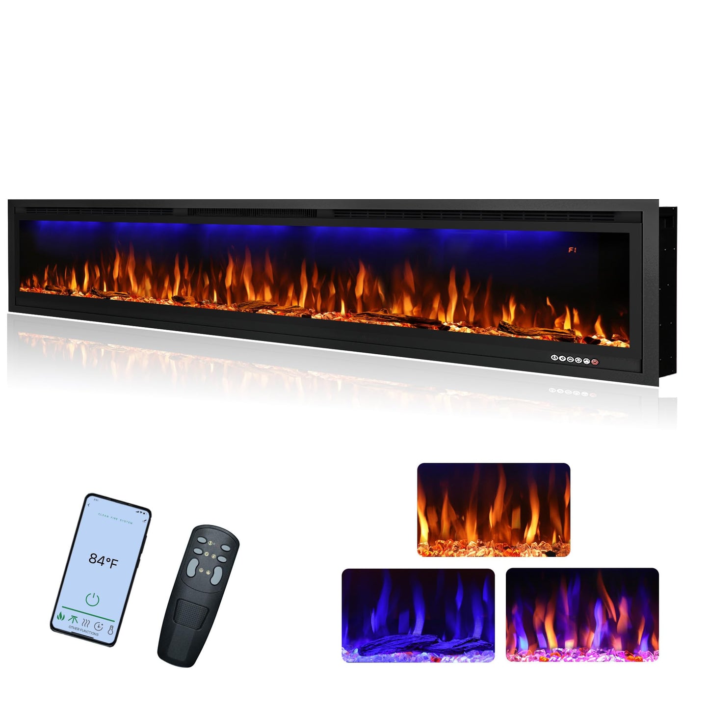 Rodalflame 60" WiFi-Enabled Electric Fireplace Insert, APP Smart Control, Wall Mounted&Recessed Linear Fireplace Heater with Thermostat, Flame&Top Lights, Log&Crystal, Timer