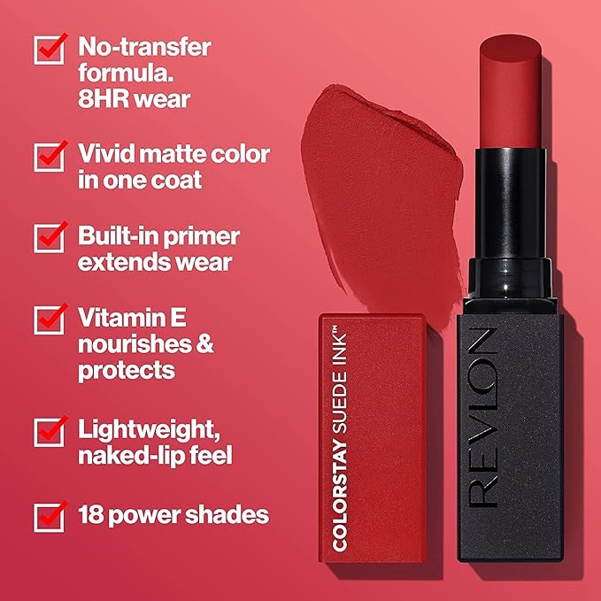 Revlon Lipstick, ColorStay Suede Ink, Built-in Primer, Stocking Stuffer for Women, Waterproof, Smudge-proof, Matte Color, 004 Pure Talent, 0.09 oz
