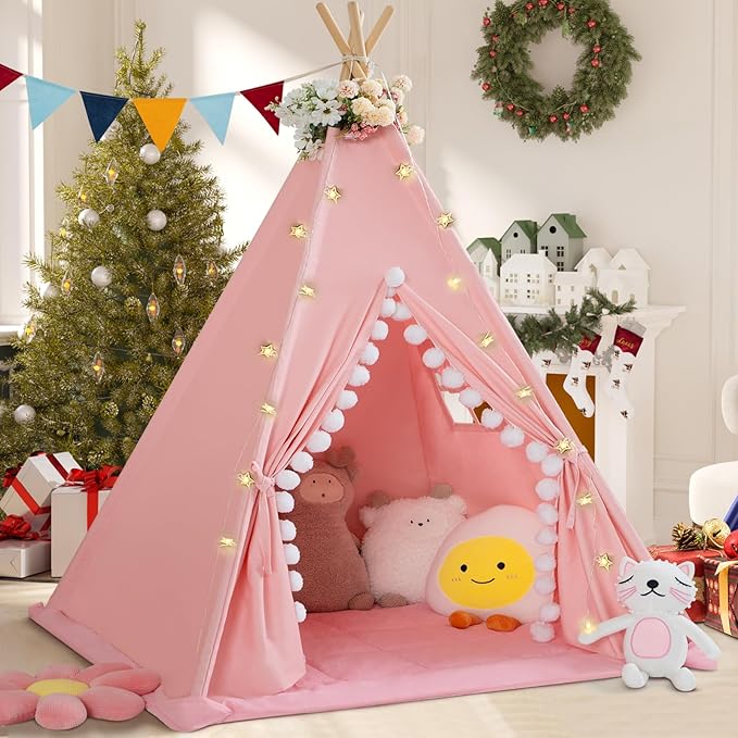 WIRHAO Teepee Tent for Kids with Padded Mat Cotton Canvas Kids Tent with Pompom for Toddlers Indoor Play Tent for Girls Bo...