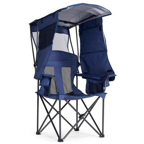 Huskfirm Camping Chair with Canopy Shade - Folding Beach Chair with UPF 50+ Sun Shade, Cup Holder, Side Pocket, Portable Sports Chair for Adults Support 330 LBS, Fishing Camp Outdoor Lawn Chair - Blue