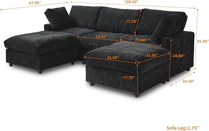 Cloud Couch Modular Sectional Sofa,100.5" U Shaped Couch, Oversized Convertible Wide Seater,3 Seater with 2 Ottomans for Living Room Set, Covers Washable&,Black