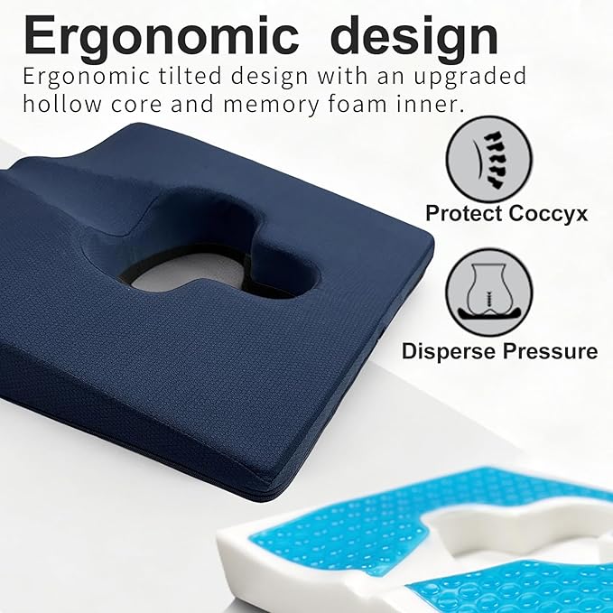 Rivquvi Gel Wheelchair Seat Cushion,Bed Sore Cushions for Butt,Office Chair Pressure Sore cushion,Memory Foam Pillow for bed,Pressure Ulcer Pain Relief,Relieve Sciatica,Coccyx,Washable Cover(Set Blue)