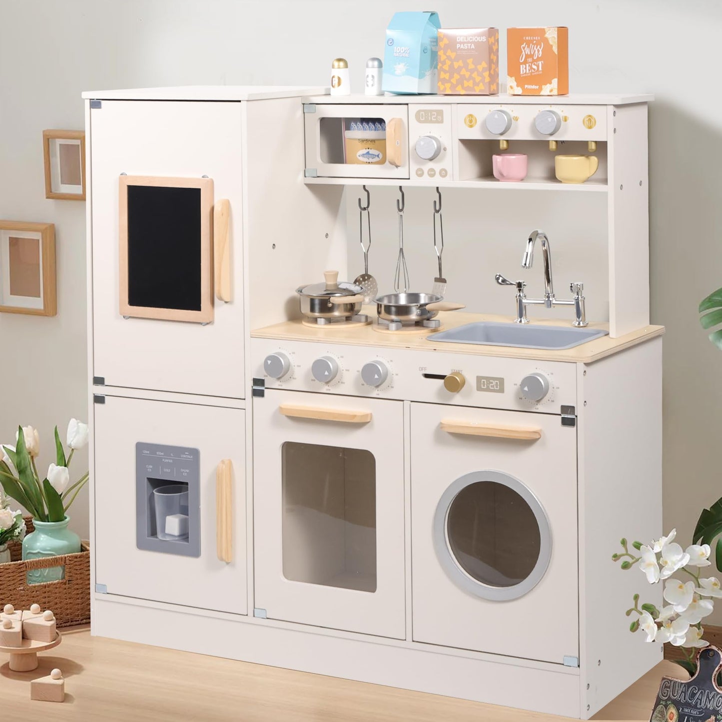 Pithfor Wooden Kitchen Playset for Kids Toddler, Pretend Play Kitchen Set Toy for Girls and Boys, with Kitchen Accessories