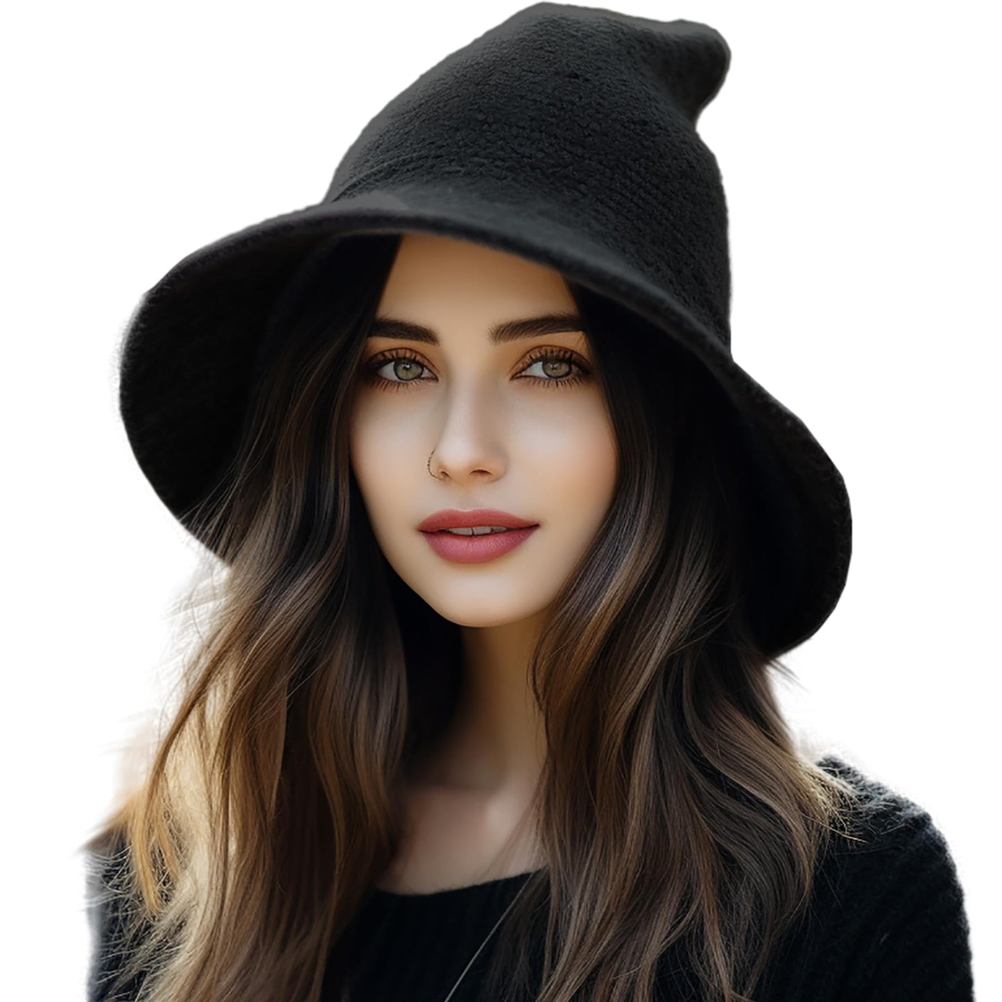 Lanzom Women Lady Halloween Witch Hat Wool Knitted Cap for Party Masquerade Cosplay Costume Accessory (Black, One Size)