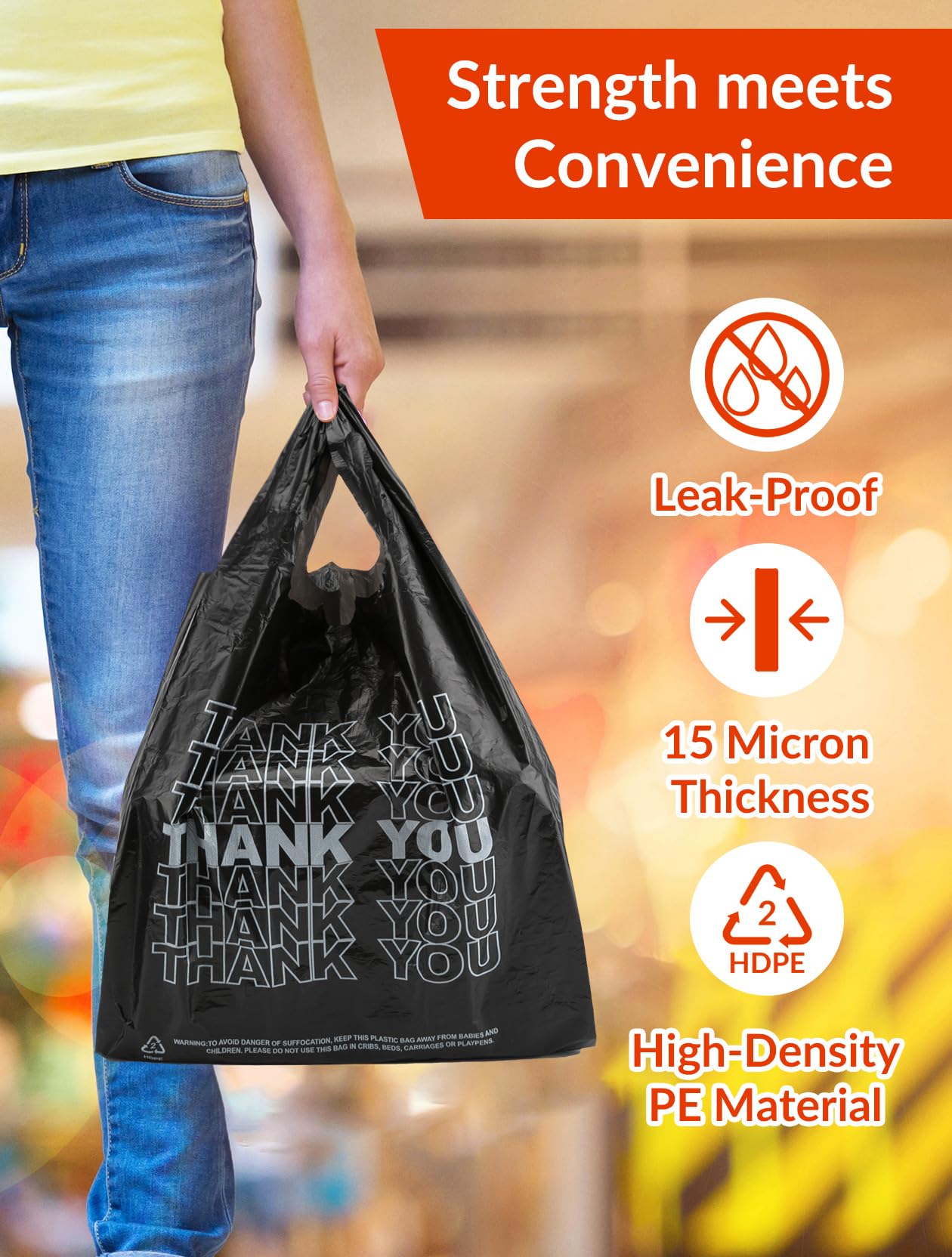 UMT Plastar 300 Count Thank You Plastic Bags, 12" x 6" x 22", 15 Mic Black Grocery Bags with Handles, Ideal for Restaurants, Retail, Grocery Stores, Takeout, Convenience Stores
