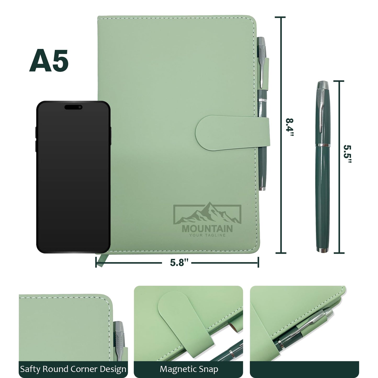 Personalized Notebook with Pen and Gift Box, Custom Text Leather Journal, Gifts for Women Men, Engraved Journals To Write In, Birthday, Best Friend, Mom, Sister, Corporate, Business Gift (Text-Green)