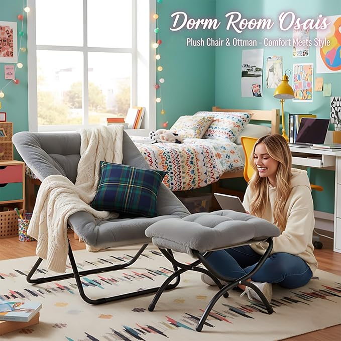 Givjoy Comfy Folded Chair with Ottoman, Oversized Folding Faux Fur Chair Soft Furry Lounge Lazy Chair with Metal Frame Moon Chair Accent Chair for Bedroom, Living Room, Dorm Rooms