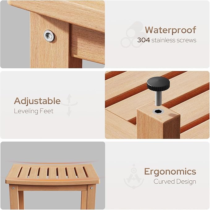 Psilvam Poly Lumber Shower Bench, Shower Stool with Storage Shelf, Water Resistant & Non-Slip Design Shower Seat for Bathroom, Living Room, Bedroom 21 1/4"×14"×18 1/2"（Teak Color）