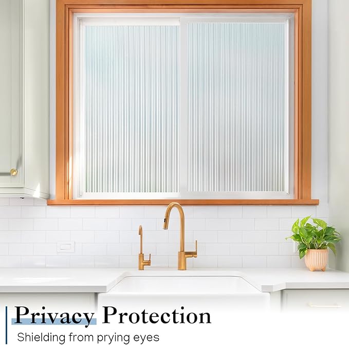 Haton Reeded Glass Window Privacy Film, Frosted Glass Window Film, Static Cling UV Blocking Stickers, Decorative Removable Cover for Bathroom Door Office, Non Adhesive 35.4" x 157.4"