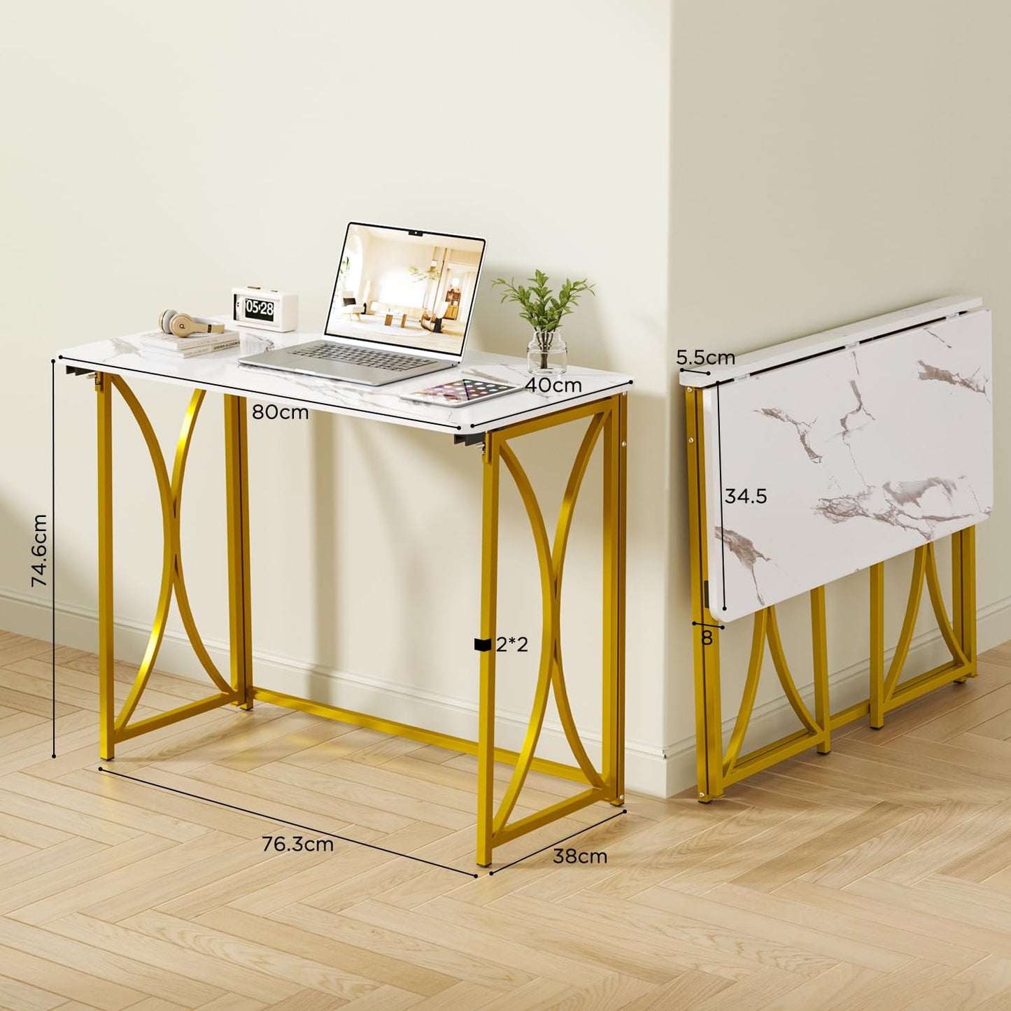 coeztt Folding Desk, 31.5" Small for Bedroom, Space Saving Foldable Computer Desk for Home Office, Easy Assembly, White and Gold