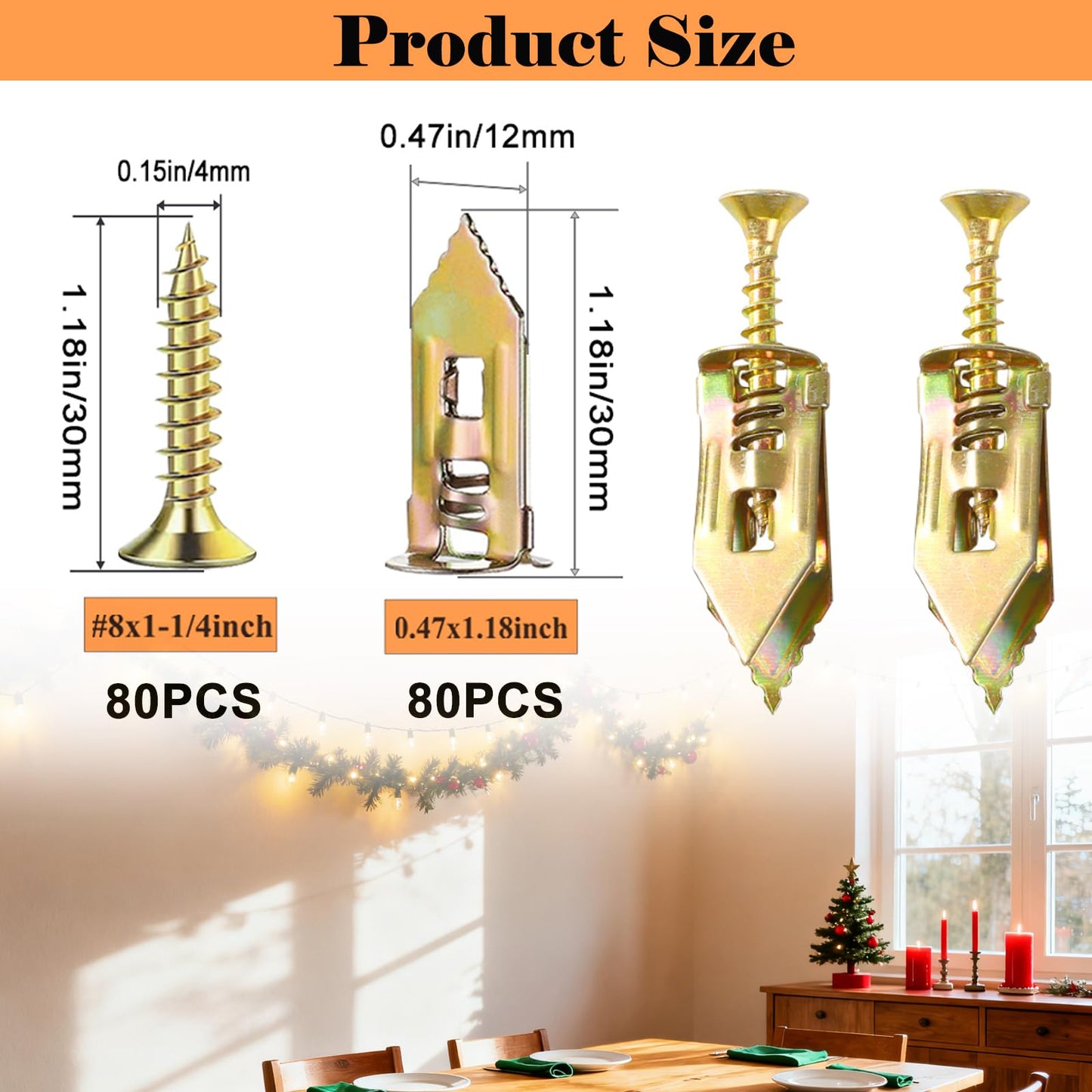 Sunxeke 160Pcs Self Drilling Drywall Anchors for Christmas Decor,80 Sheetrock Anchors & 80 Zinc Expansion Screws,No Drill Needed Wall Anchors with Screws,Hold Up to 66lbs for Picture Frame,Shelves