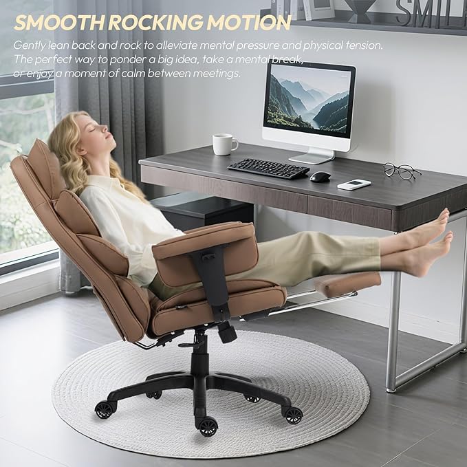 Dowinx Big and Tall Office Chair with Pocket Spring Cushion,High Back Computer Gaming Chairs with Adjustable Armrests,Executive Desk Chairs with Lumbar Support and Footrest,PU Leather-Brown