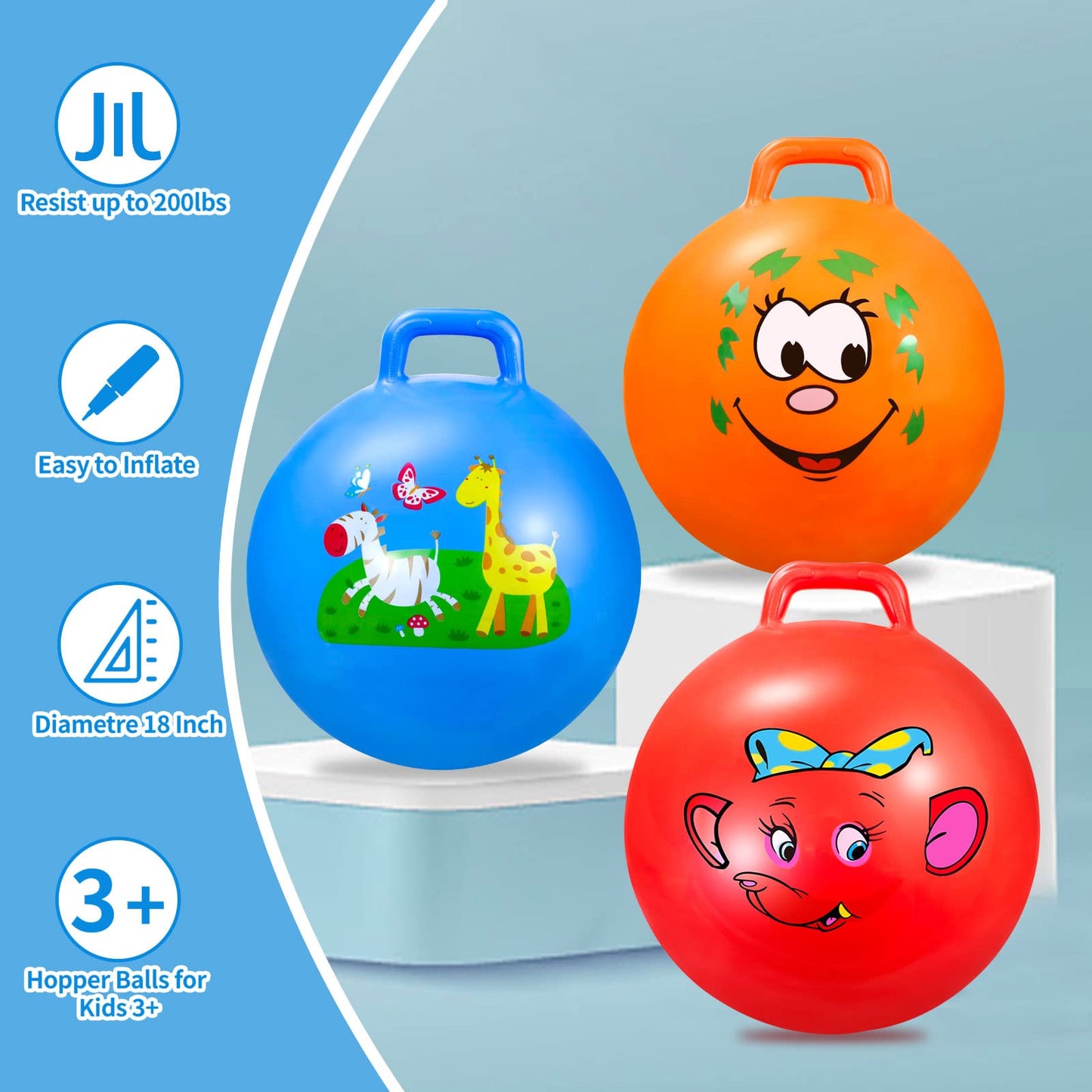 Bouncy Balls with Handle for Kids, Ride On Toys Balls for Kids 3 4-8, 3 Pack Hopper Ball 18 Inch Size with Air Pump for Kids Jumping Sports Ride Games Balance Exercise Indoor Outdoor Fun