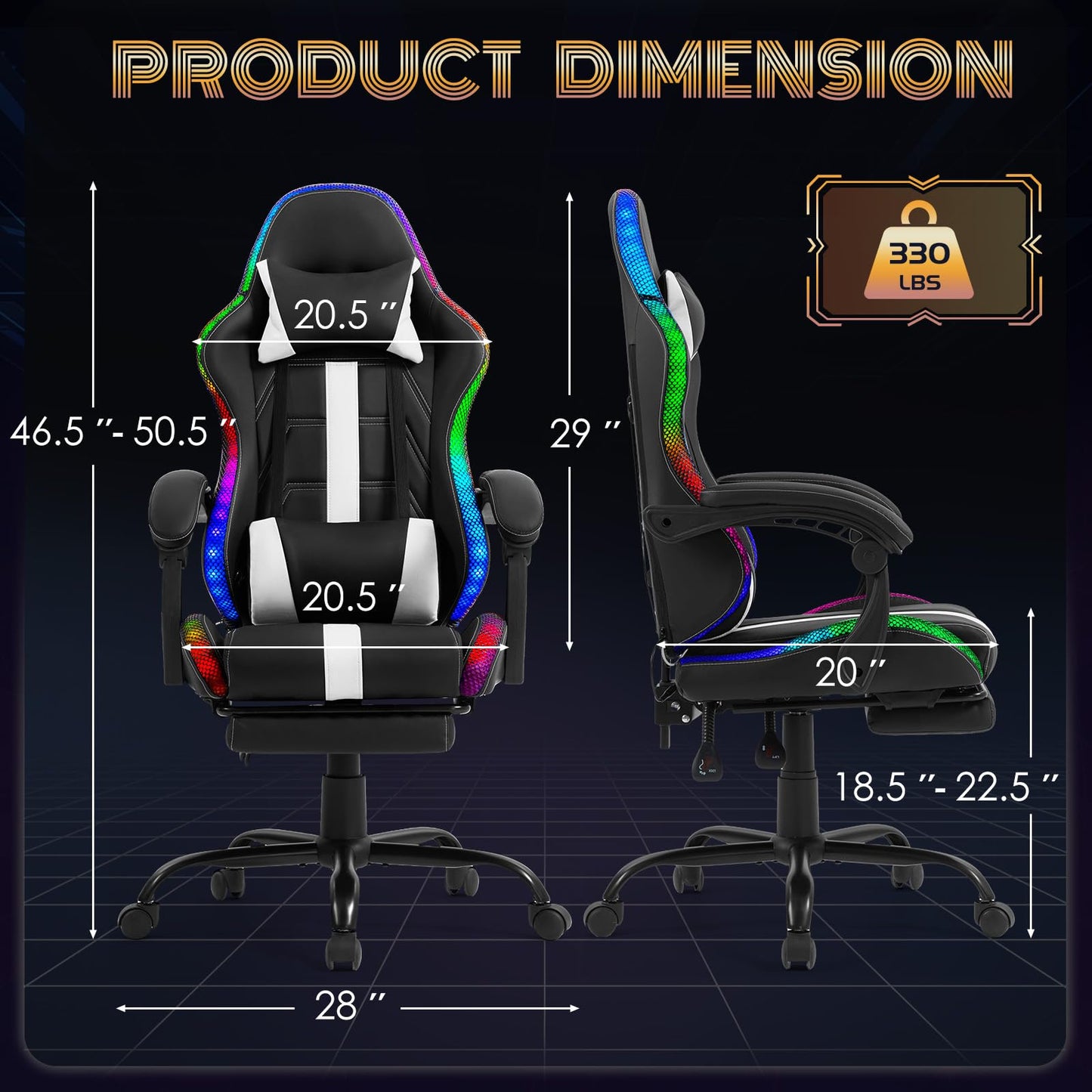 ECOTOUGE Massage Gaming Chair, Video Game Chair with LED Lights, Ergonomic Computer Chair with Footrest and Lumbar Support, Height Adjustable High Back Office Desk Chair, White