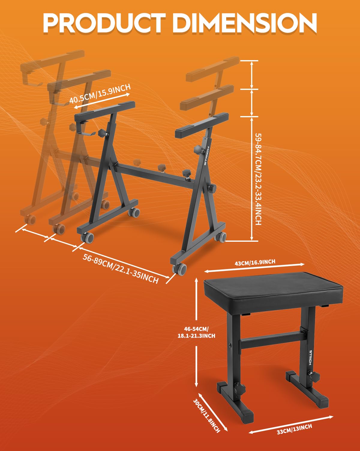 STRICH Piano Keyboard Stand Stool Set, Portable Heavy Duty Stand for 54-88 Key Electric Digital Pianos & Adjustable Piano Bench, Chair, Black, SKT-02 & SPB-M50