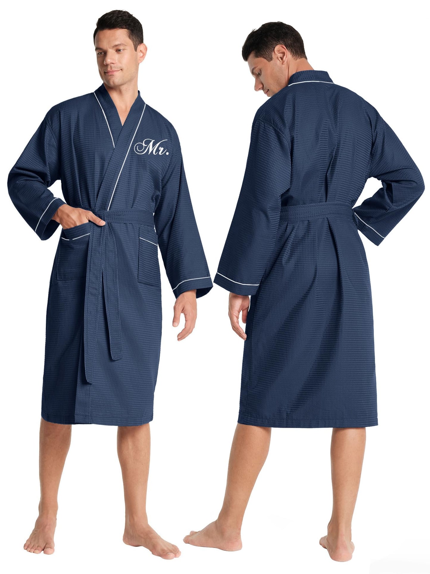 AW BRIDAL Wedding Gifts for Newlywed Couples 2025, Anniversary Mr and Mrs Waffle Knit Robe for Engagement Bridal Shower, Personalized Navy Matching Robes for Women and Men with Embroidered Monogram