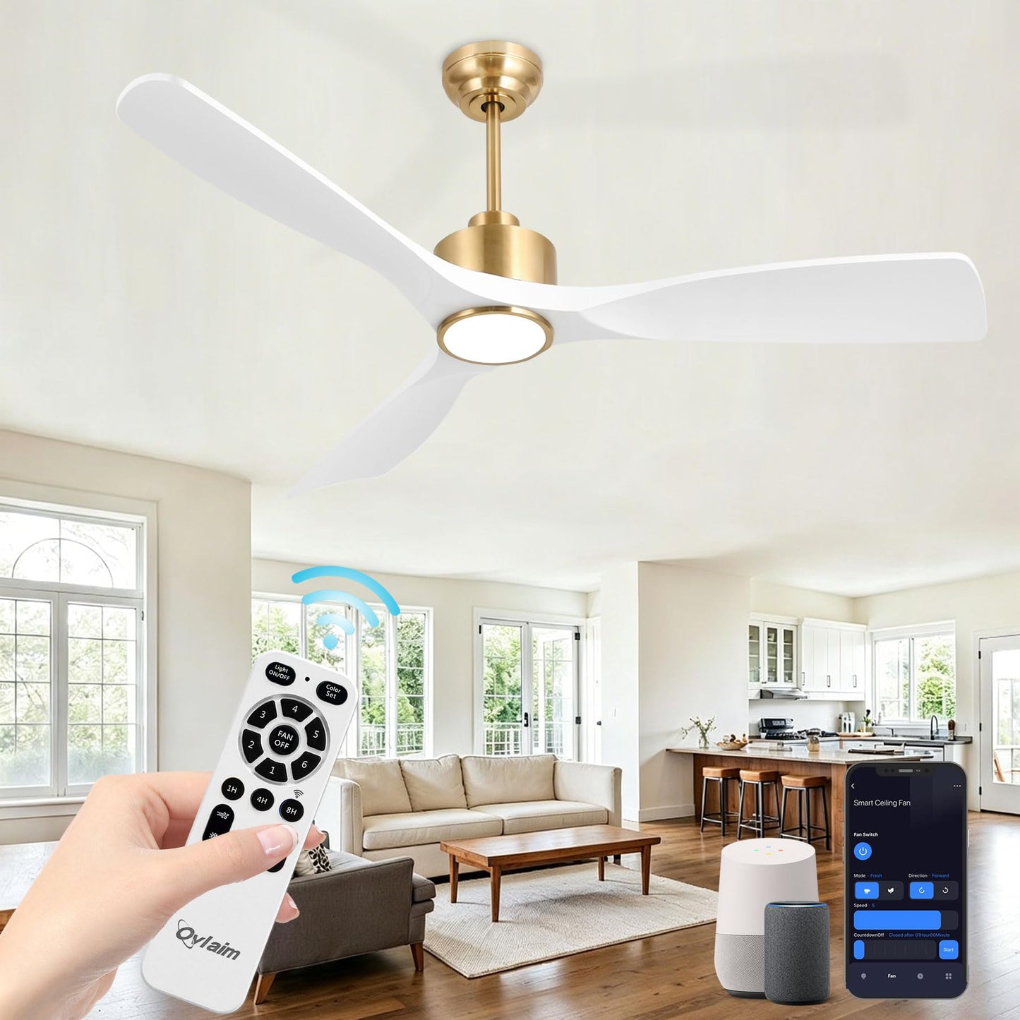 Ovlaim 52 Inch Smart Ceiling Fan with Light Remote, 6 Speed Quiet DC Motor High CFM, 3 Blade Modern White Gold Ceiling Fan for Bedroom Living Room, ETL Certified