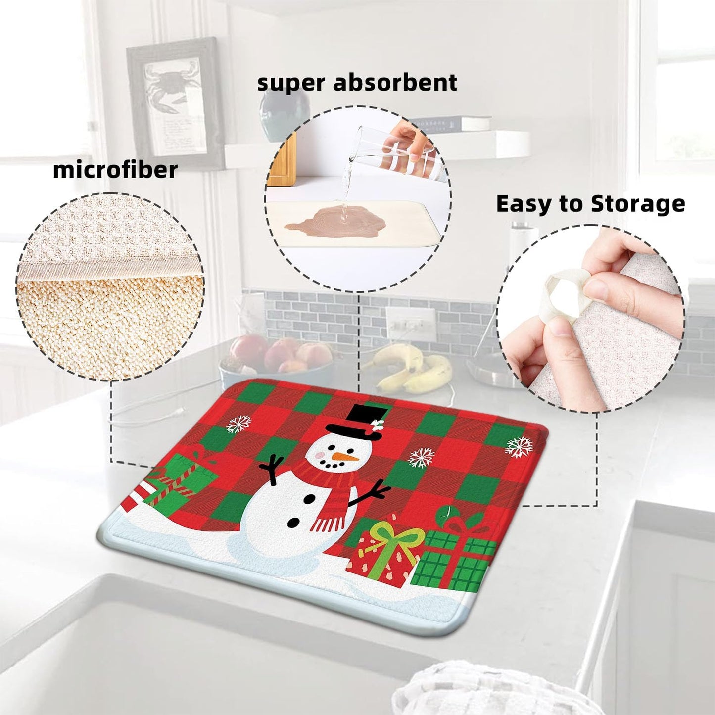 Christmas Drying Mat for Kitchen Counter 16" X 18" Christmas Dish Drying Mat for Kitchen Decor Red Snowman Xmas Drying Mats For Home Counter Drying Mats For Dishes Dish Mat Drying Mat