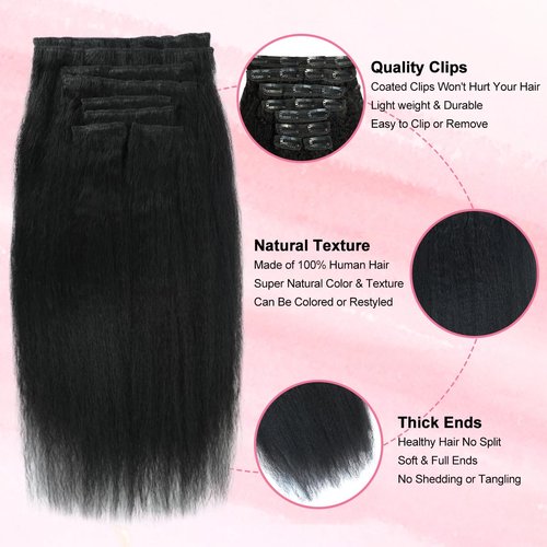 24 inch Kinky Straight Clip in Hair Extensions Real Human Hair Clip ins Yaki Full Head for Women Brazilian Human Hair Natural Black Color 8pcs 20 Clips 110g